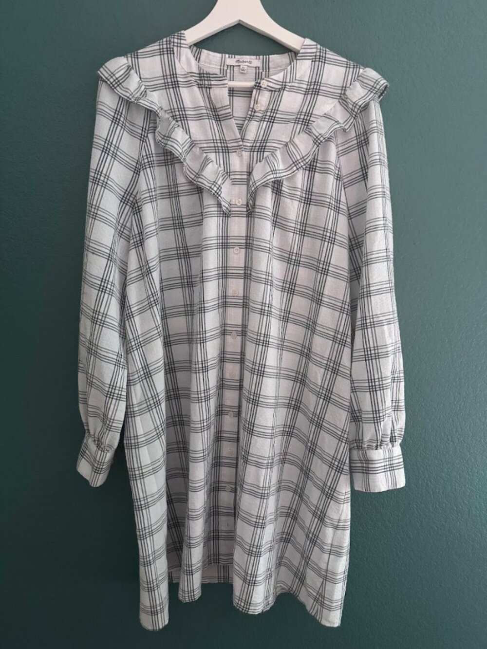 Madewell Plaid Ruffle V-Neck Shift Dress White Black Size XL